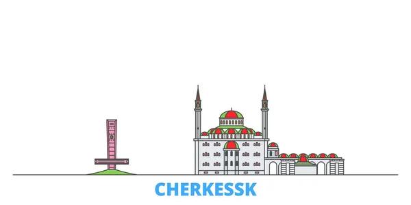 Rusia, paisaje urbano de Cherkessk, vector plano. Monumento de la ciudad de viajes, ilustración de oultine, iconos del mundo de línea — Vector de stock