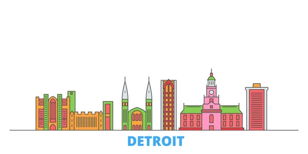 Estados Unidos, paisaje urbano de Detroit, vector plano. Monumento de la ciudad de viajes, ilustración de oultine, iconos del mundo de línea — Archivo Imágenes Vectoriales