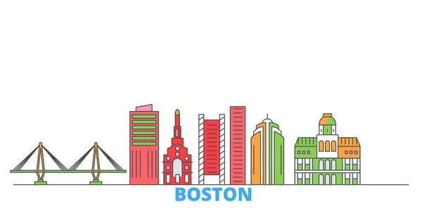 Stati Uniti, Boston City Line Cityscape, vettore piatto. Città di viaggio punto di riferimento, illustrazione oultine, icone del mondo linea — Vettoriale Stock