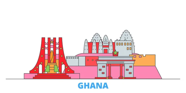 Paisaje urbano de Ghana, vector plano. Monumento de la ciudad de viajes, ilustración de oultine, iconos del mundo de línea — Vector de stock