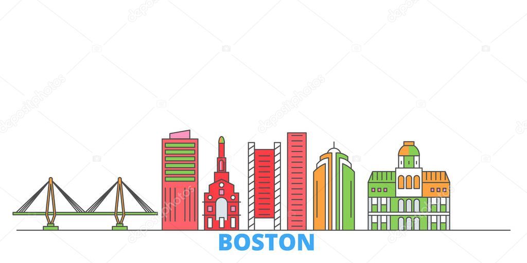 United States, Boston City line cityscape, flat vector. Travel city landmark, oultine illustration, line world icons