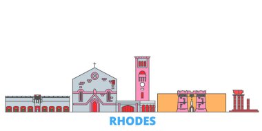 Yunanistan, Rodos hattı şehir manzarası, düz vektör. Seyahat şehri simgesi, oultine illüstrasyonu, çizgi dünyası simgeleri
