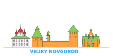 Rusya, Veliki Novgorod hattı şehir merkezi, düz vektör. Seyahat şehri simgesi, oultine illüstrasyonu, çizgi dünyası simgeleri