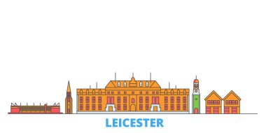 Birleşik Krallık, Leicester hattı şehir merkezi, düz vektör. Seyahat şehri simgesi, oultine illüstrasyonu, çizgi dünyası simgeleri
