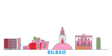 İspanya, Bilbao hattı şehir manzarası, düz vektör. Seyahat şehri simgesi, oultine illüstrasyonu, çizgi dünyası simgeleri