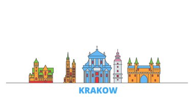 Polonya, Krakow hattı şehir manzarası, düz vektör. Seyahat şehri simgesi, oultine illüstrasyonu, çizgi dünyası simgeleri