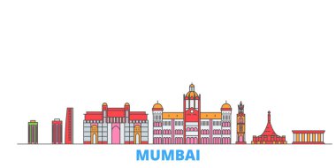 Hindistan, Mumbai hattı şehir merkezi, düz vektör. Seyahat şehri simgesi, oultine illüstrasyonu, çizgi dünyası simgeleri