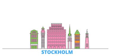 İsveç, Stockholm hattı şehir manzarası, düz vektör. Seyahat şehri simgesi, oultine illüstrasyonu, çizgi dünyası simgeleri