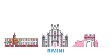 İtalya, Rimini hattı şehir manzarası, düz vektör. Seyahat şehri simgesi, oultine illüstrasyonu, çizgi dünyası simgeleri