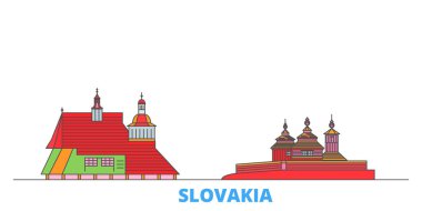 Slovakya, Karpat Dağları 'ndaki ahşap kiliseler şehir manzarası, düz vektör. Seyahat şehri simgesi, oultine illüstrasyonu, çizgi dünyası simgeleri
