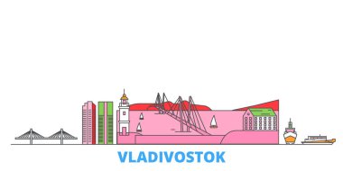 Rusya, Vladivostok hattı şehir merkezi, düz vektör. Seyahat şehri simgesi, oultine illüstrasyonu, çizgi dünyası simgeleri