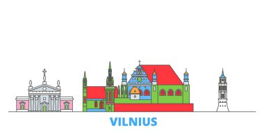 Litvanya, Vilnius hattı şehir manzarası, düz vektör. Seyahat şehri simgesi, oultine illüstrasyonu, çizgi dünyası simgeleri