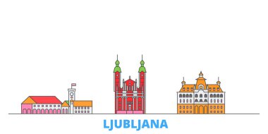 Slovenya, Ljubljana hattı şehir merkezi, düz vektör. Seyahat şehri simgesi, oultine illüstrasyonu, çizgi dünyası simgeleri