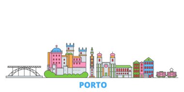 Portekiz, Porto hattı şehir manzarası, düz vektör. Seyahat şehri simgesi, oultine illüstrasyonu, çizgi dünyası simgeleri