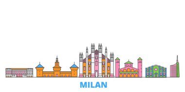İtalya, Milan hattı şehir manzarası, düz vektör. Seyahat şehri simgesi, oultine illüstrasyonu, çizgi dünyası simgeleri