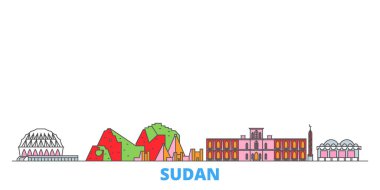 Sudan hattı şehir manzarası, düz vektör. Seyahat şehri simgesi, oultine illüstrasyonu, çizgi dünyası simgeleri
