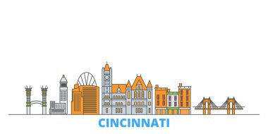 Birleşik Devletler, Cincinnati hattı şehir manzarası, düz vektör. Seyahat şehri simgesi, oultine illüstrasyonu, çizgi dünyası simgeleri