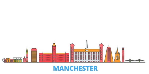 Reino Unido, Manchester line cityscape, flat vector. Monumento de la ciudad de viajes, ilustración de oultine, iconos del mundo de línea — Vector de stock