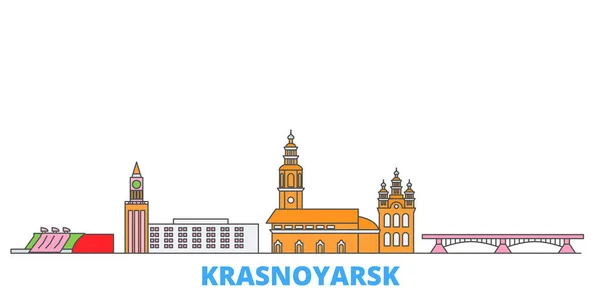 Rusia, Krasnoyarsk línea paisaje urbano, vector plano. Monumento de la ciudad de viajes, ilustración de oultine, iconos del mundo de línea — Vector de stock