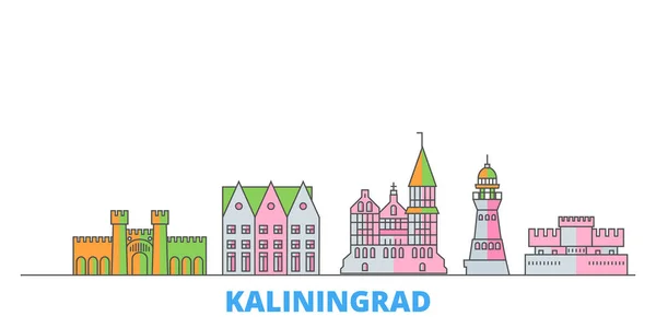 Rusia, Kaliningrado Ciudad línea paisaje urbano, vector plano. Monumento de la ciudad de viajes, ilustración de oultine, iconos del mundo de línea — Vector de stock