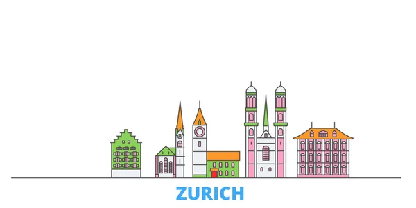 Suiza, paisaje urbano de Zurich, vector plano. Monumento de la ciudad de viajes, ilustración de oultine, iconos del mundo de línea — Vector de stock