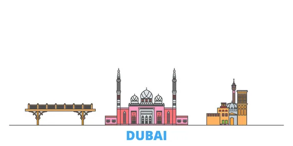 Emiratos Árabes Unidos, Dubai paisaje urbano, vector plano. Monumento de la ciudad de viajes, ilustración de oultine, iconos del mundo de línea — Vector de stock