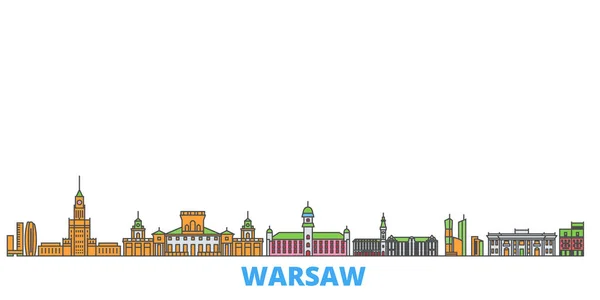 Polonia, Varsovia paisaje urbano, vector plano. Monumento de la ciudad de viajes, ilustración de oultine, iconos del mundo de línea — Vector de stock