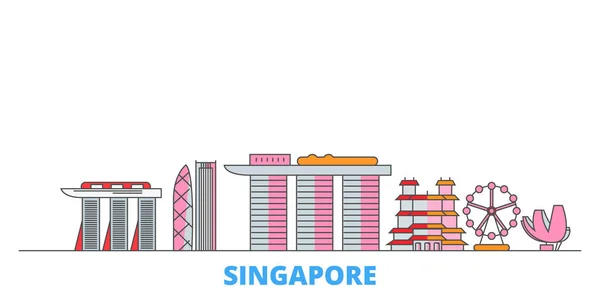 Ville de Singapour ligne paysage urbain, vecteur plat. Voyage ville point de repère, oultine illustration, ligne icônes du monde — Image vectorielle