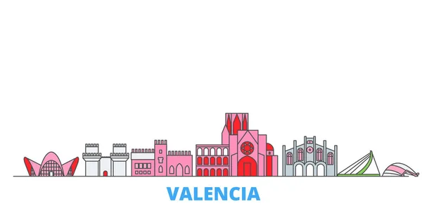 西班牙，瓦伦西亚线城市景观，平面矢量。旅游城市地标，原木图解，线条世界图标 — 图库矢量图片
