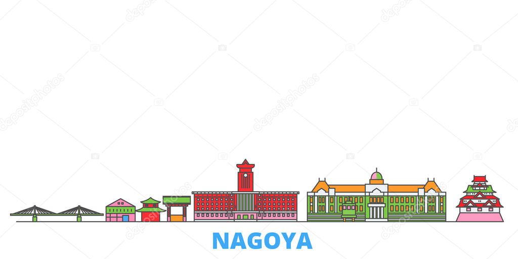 Japan, Nagoya line cityscape, flat vector. Travel city landmark, oultine illustration, line world icons