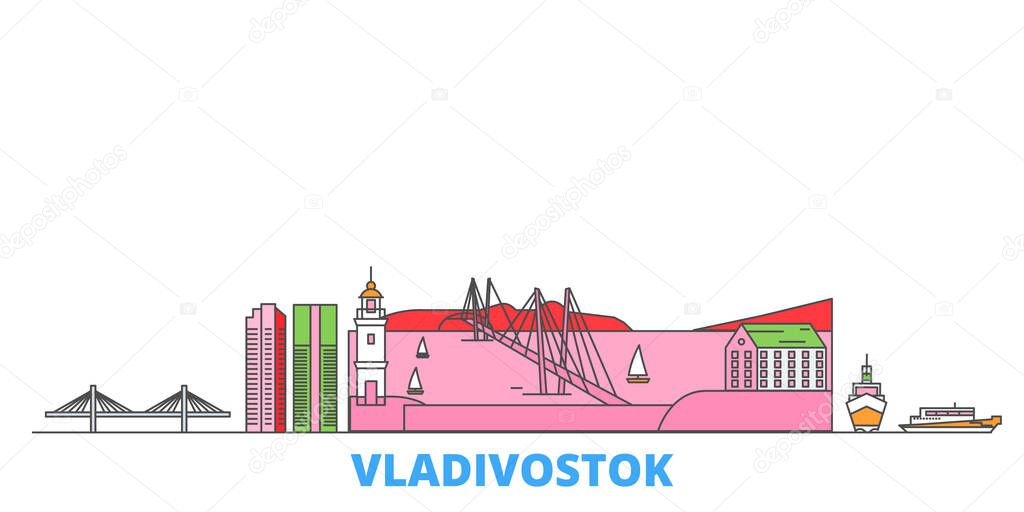 Russia, Vladivostok line cityscape, flat vector. Travel city landmark, oultine illustration, line world icons