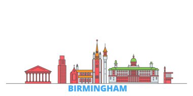 Birleşik Krallık, Birmingham hattı şehir merkezi, düz vektör. Seyahat şehri simgesi, oultine illüstrasyonu, çizgi dünyası simgeleri