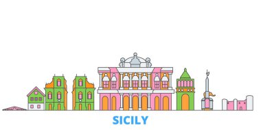 İtalya, Sicilya hattı şehir manzarası, düz vektör. Seyahat şehri simgesi, oultine illüstrasyonu, çizgi dünyası simgeleri