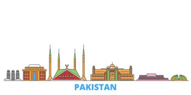 Pakistan, İslamabad hattı şehir merkezi, düz vektör. Seyahat şehri simgesi, oultine illüstrasyonu, çizgi dünyası simgeleri