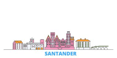 İspanya, Santander hattı şehir merkezi, düz vektör. Seyahat şehri simgesi, oultine illüstrasyonu, çizgi dünyası simgeleri