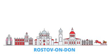 Rusya, Rostov Don hattı şehir manzarası, düz vektör. Seyahat şehri simgesi, oultine illüstrasyonu, çizgi dünyası simgeleri