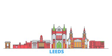 Birleşik Krallık, Leeds hattı şehir manzarası, düz vektör. Seyahat şehri simgesi, oultine illüstrasyonu, çizgi dünyası simgeleri
