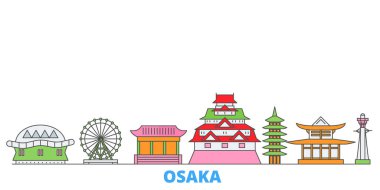 Japonya, Osaka hattı şehir manzarası, düz vektör. Seyahat şehri simgesi, oultine illüstrasyonu, çizgi dünyası simgeleri