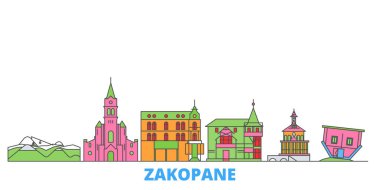 Polonya, Zakopane hattı şehir merkezi, düz vektör. Seyahat şehri simgesi, oultine illüstrasyonu, çizgi dünyası simgeleri