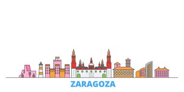 İspanya, Zaragoza hattı şehir merkezi, düz vektör. Seyahat şehri simgesi, oultine illüstrasyonu, çizgi dünyası simgeleri