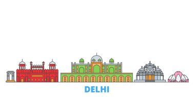 Hindistan, Delhi hattı şehir merkezi, düz vektör. Seyahat şehri simgesi, oultine illüstrasyonu, çizgi dünyası simgeleri