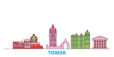Rusya, Tomsk hattı şehir manzarası, düz vektör. Seyahat şehri simgesi, oultine illüstrasyonu, çizgi dünyası simgeleri