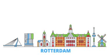 Hollanda, Rotterdam hattı şehir merkezi, düz vektör. Seyahat şehri simgesi, oultine illüstrasyonu, çizgi dünyası simgeleri