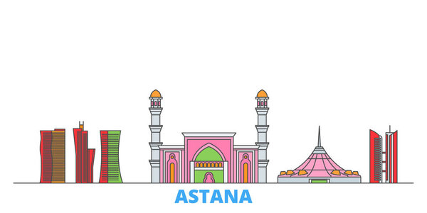 Казахстан, линия Астана городской пейзаж, плоский вектор. Ориентир города путешествий, ультина иллюстрации, линии мировых икон
