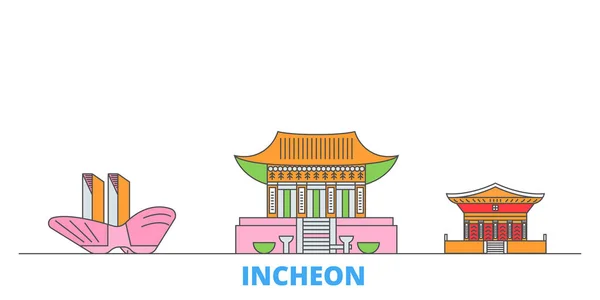 Korea Południowa, krajobraz miejski linii Incheon, płaski wektor. Podróże miasto punkt orientacyjny, oultine ilustracja, ikony świata linii — Wektor stockowy