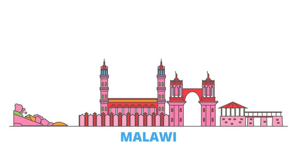 Paisaje urbano de línea de Malawi, vector plano. Monumento de la ciudad de viajes, ilustración de oultine, iconos del mundo de línea — Vector de stock