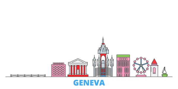 Suiza, Ginebra paisaje urbano, vector plano. Monumento de la ciudad de viajes, ilustración de oultine, iconos del mundo de línea — Vector de stock