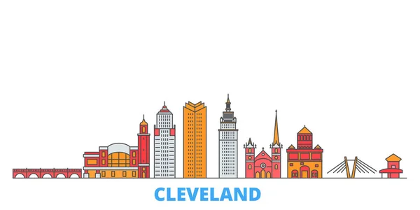 Stati Uniti, Cleveland Line Cityscape, vettore piatto. Città di viaggio punto di riferimento, illustrazione oultine, icone del mondo linea — Vettoriale Stock