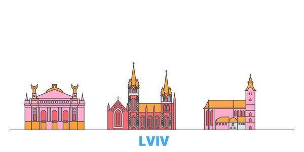 Ukraine, Lviv line cityscape, flat vector. Travel city landmark, oultine illustration, line world icons