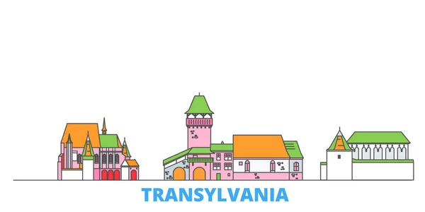 Rumania, Transilvania paisaje urbano, vector plano. Monumento de la ciudad de viajes, ilustración de oultine, iconos del mundo de línea — Vector de stock